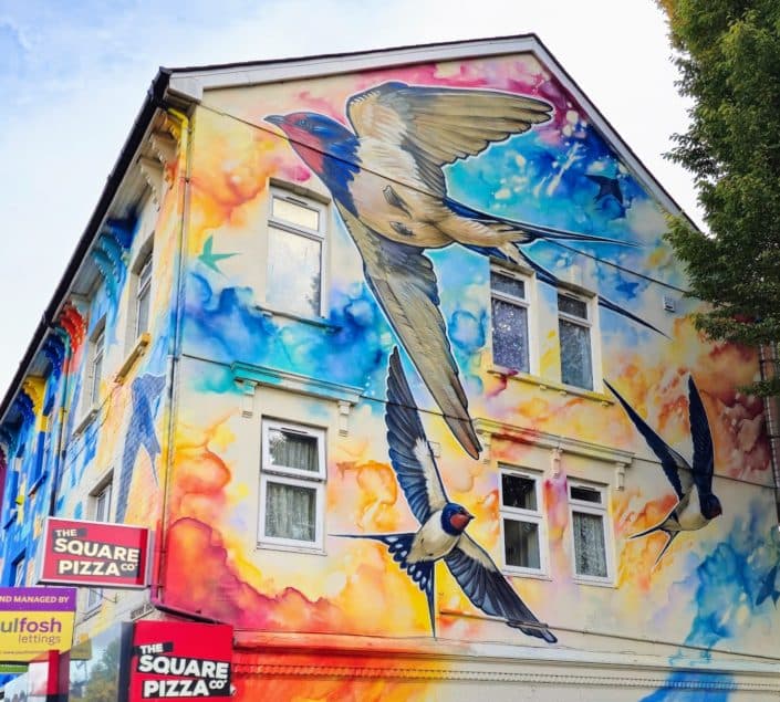 Street art mural of Swallows for Full Colour Maindee, street art festival