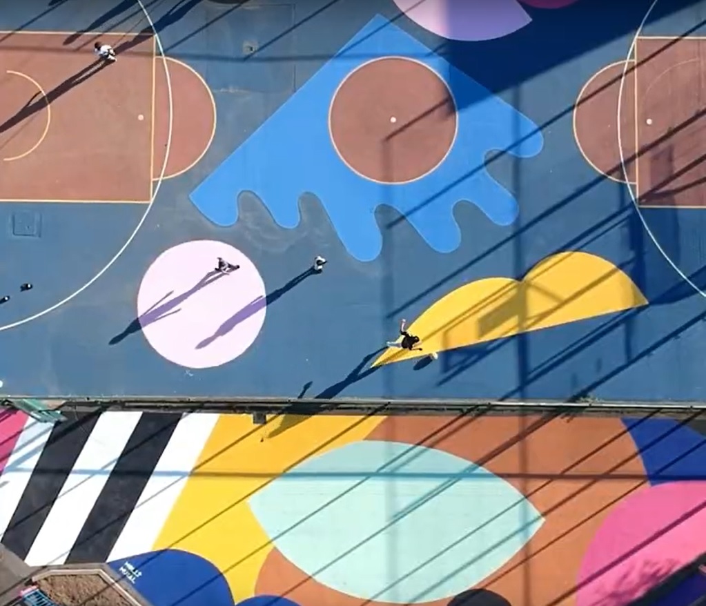 Aerial view of Molly Hawkins' multi-use games area mural for Full Colour Maindee